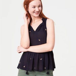 Loft S Women's Blue Embroidered Floral Peplum Tank Top Blouse Tassel Tie Neck